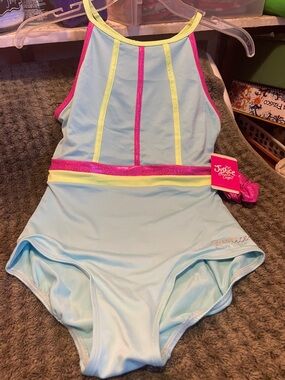 Justice Light Blue One-Piece Swimsuit with Hot Pink and Yellow Trim